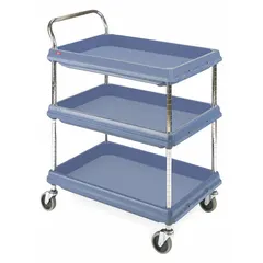 This polymer lab cart from INSTOCK features three shelves for transporting materials, equipment, and supplies in laboratory environments. The blue cart measures 27 inches wide and 33-1/4 inches high, with a polymer construction that resists chemicals and corrosion. Model GRBC2636-3DMB.
