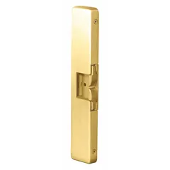 This rim-type electric strike is designed for use with exit devices in access control systems. It features a brass finish, operates on 12/24V input voltage, and is rated for heavy-duty performance. Suitable for commercial or industrial doors requiring secure electric latch release.