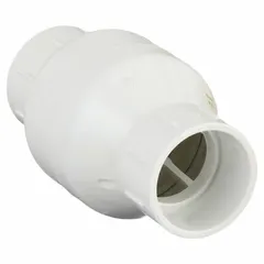 This inline check valve features a PVC body with socket x socket connections for 2-inch pipe. The stainless steel poppet prevents backflow in piping systems, suitable for corrosive or non-potable water applications in industrial and wastewater settings.