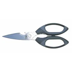 Ambidextrous straight kitchen shears with an 8 1/2 in overall length and straight black/gray handle. Suitable for cutting poultry, herbs, and packaging in commercial or home kitchens. Non-adjustable and not NSF certified.