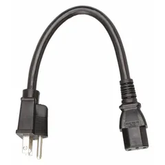 This 1-foot power cord connects equipment with a C13 inlet to a standard 5-15P grounded outlet. It features a PVC jacket, SJT cord type, 3/14 conductor size, and is rated for 15 A. Suitable for powering computers, monitors, printers, and other electronic devices requiring a grounded connection.