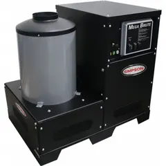 Stationary hot water pressure washer with 230 V single-phase, 7 1/2 hp electric motor, delivering 3,000 psi at 4 gpm. Belt-driven pump and natural gas burner. Suitable for industrial cleaning tasks requiring heated water, such as facility maintenance and equipment degreasing.
