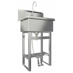 This one-station freestanding hand sink with faucet is constructed from 14 ga material. It features a 22 in bowl length and 10 1/2 in bowl depth, with a flow rate of 2 gpm. Side splash is not included. Suitable for commercial hand-washing applications.