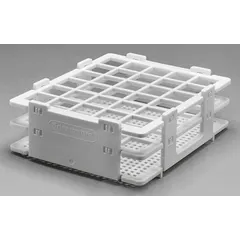 This polypropylene test tube rack holds up to 30 tubes on a benchtop. It measures 4 1/8 in wide, 1 3/4 in high, and 5 in long. The white rack is used for sample storage, centrifugation preparation, and general lab organization.