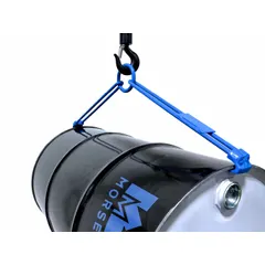 Steel drum lifting hook with two rim grip points for handling 55-gallon metal drums. Blue finish. Rated for 1000 lb capacity. Used in warehouses and industrial facilities for lifting and moving drums.