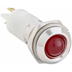 Red LED pilot light with raised head for 12 mm panel mounting hole. Features M12 connection and 0.11 male quick disconnect for electrical wiring. Used on industrial control panels and machinery to indicate operational status.