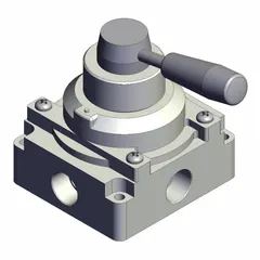 Manual air control valve with lever actuator and side-ported body. Features 1/2 in NPT ports and a maximum operating pressure of 1 MPa. Three-position closed-center design suitable for pneumatic directional control applications.