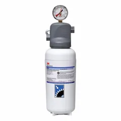 This water filtration system is designed for drinking fountains and beverage machines. It uses a 3-micron pleated non-woven filter media to reduce chlorine taste. The system has a flow rate of 2.1 gpm and a capacity of 25,000 gal, with NPT connection type.