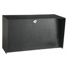 Black powder-coated carbon steel cover housing for gate operator access control devices. Measures 6 in x 14 in with an 8 in overall height. Includes a cam lock for security. Designed to accommodate card readers in outdoor access control systems.