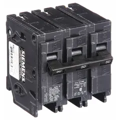 The SIEMENS Q350 is a three-pole, plug-in miniature circuit breaker rated 50 A at 240V AC. It provides overcurrent protection in electrical distribution panels for branch circuits in commercial and industrial applications.