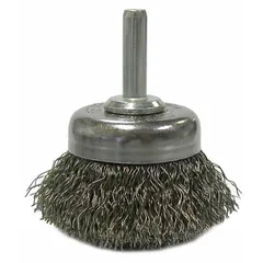 Crimped wire cup brush for light cleaning and surface preparation on carbon steel. Removes rust, scale, and paint without heavy abrasion. Brush diameter 1-3/4 in, shank 1/4 in, fill diameter 0.006 in.