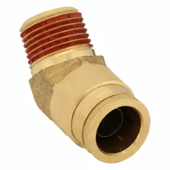 Brass adapter elbow with push-to-connect on one end and male NPT thread on the other. Features pre-applied Vibra-Seal thread sealant for leak-resistant connections. Used in pneumatic systems and air brake lines for joining tubing to threaded ports.