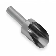 This stainless steel hand scoop is suited for hygienic handling of dry ingredients, powders, or granular materials in food processing and industrial settings. It measures 8 inches in overall length and 2 3/4 inches in overall width, with a silver finish. Note: not dishwasher safe.
