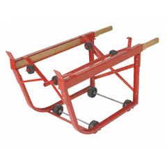 This drum cradle is designed for 55-gallon drums and features casters for portability. It provides a dispensing height of 17 inches and has overall dimensions of 43 inches by 20 inches. The red body allows for easy identification in industrial environments. Typical applications include controlled pouring of liquids in maintenance, manufacturing, and warehouse settings.