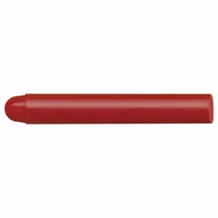 This firm red wax crayon is designed for marking on rough surfaces such as wood, concrete, and metal. It writes on wet, oily, or dusty surfaces and operates within a temperature range of 70°F to 100°F. The 17 mm tip width provides clear, visible marks suitable for construction, lumber yards, and industrial settings.