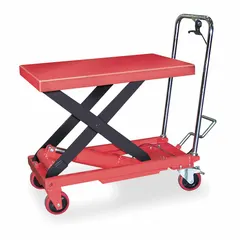 This manual scissor-lift table has a steel platform measuring 32 inches long by 19 1/2 inches wide. It provides a maximum lifting height of 35 1/2 inches. Typical applications include positioning workpieces or materials at a convenient height for assembly, inspection, or packaging tasks.