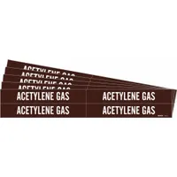 Brown adhesive pipe marker with white legend reading 'Acetylene Gas'. Designed for pipe outer diameters from 3/4 to 2-3/8 inches. Pack includes 4 markers without directional arrows. Used for identifying acetylene gas lines in piping systems