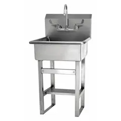 This one-station freestanding hand sink with faucet is constructed from 16 ga material and features a 20 in bowl length and 9 in bowl depth. The faucet has a flow rate of 0.5 gpm. Side splash is not included. Suitable for commercial kitchens, food service areas, and healthcare facilities where handwashing is required.