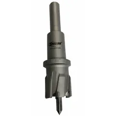 Carbide-tipped annular cutter with a bright finish. Features a hex shank and includes a pilot pin. Max cutting depth of 1/2 in. Designed for cutting clean holes in metal, particularly in recessed or hard-to-reach areas.
