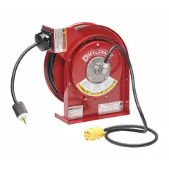 This reverse feed self-retracting cord reel from REELCRAFT features a 35 ft length of 16 AWG SJTOW cable with a NEMA 5-15P retractable cord ending and a NEMA 5-15R feeder cord ending. The ratchet lock mechanism allows the cord to be locked at a desired length, and the self-retracting design ensures tangle-free storage. Suitable for use in workshops, garages, and industrial settings for powering tools and equipment.
