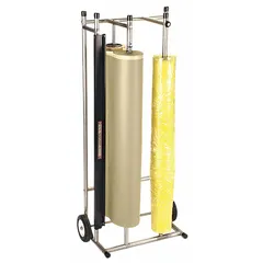 Steel mobile masking dispenser with integrated cutter, designed for vertical mounting of two 36-inch paper rolls up to 3 ft wide. Suitable for painting, finishing, and industrial masking applications where one-handed dispensing and cutting is required.