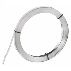 This 201 stainless steel strapping is used for heavy-duty bundling, clamping, and securing industrial equipment, piping, and cables. It offers a break strength of 5,500 lb and a length of 100 ft, suitable for demanding applications requiring corrosion resistance and reliable tensioning.