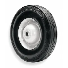 This rubber semi pneumatic wheel is designed for material handling applications such as carts, dollies, and light industrial equipment. It provides a cushioned ride without requiring air inflation, suitable for indoor and outdoor use on uneven surfaces.