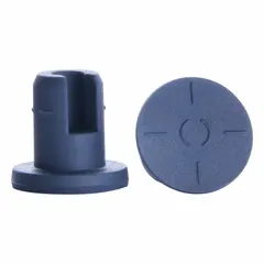 Synthetic rubber stopper made of bromobutyl material, complying with USP <85> standards. Features a 12.5 mm top diameter, 7.6 mm bottom diameter, and 8.9 mm overall height. Used for sealing laboratory vials and pharmaceutical containers.