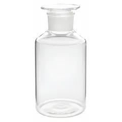 Colorless glass bottle with wide mouth and round body, closed with a glass cap. Suitable for storing and dispensing reagents, solvents, and chemicals in laboratory settings. Non-graduated and not pre-cleaned. Pack of 6 bottles with 135 mm body diameter.