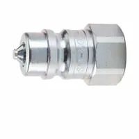 Steel-bodied female NPTF plug for hydraulic quick-connect couplings. Thread size 1/2"-14, temperature range -40 to 250 °F. Used in fluid power systems for secure connections in industrial hydraulics, mobile equipment, and machine tools