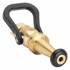 Solid bore shut off nozzle with constant pressure (automatic) solid stream. Rigid NST base, brass body, ball shutoff activation via handle. Used in firefighting and industrial water delivery for high-flow suppression requiring consistent reach and volume.