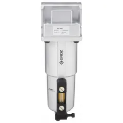 Particulate filter for compressed air lines with 1/2 in NPT connection, 40 micron filtration, 125 cfm flow capacity, and 290 psi maximum operating pressure. Removes solid contaminants to protect downstream pneumatic equipment.
