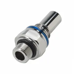 Chrome-plated brass quick-disconnect coupling with Cool Blue finish. Features a 3/8 in pipe size and Quick-Disconnect Coupler x BSPP connection type. Used for rapid connection and disconnection in pneumatic, hydraulic, and cooling fluid systems.