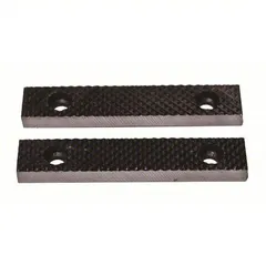 Steel screw-in vise jaw caps designed for 8-inch vise jaw width. Serrated surface provides secure gripping for clamping workpieces. Compatible with vise model 806EN9. Used to replace worn or damaged jaws in general clamping applications.