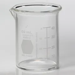 This 50 mL (1.69 fl oz) low form beaker is made from Type I, colorless borosilicate glass. It is autoclavable and suitable for general laboratory tasks such as mixing, heating, and measuring liquids.