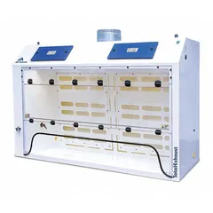 This light duty ducted fume hood from AIR SCIENCE provides ventilation and containment for chemical vapors, fumes, and particulates in laboratory settings. It includes a sash and work surface, operates on 120V AC, and has a white finish. The base/stand and blower are not included.