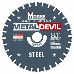 This MORSE circular saw blade is designed for cutting steel and general metals. It features 32 carbide teeth, a 0.06 in cut width, and a 5/8 in arbor size. Suitable for ferrous metal fabrication, maintenance, and repair tasks in industrial workshops and construction sites.
