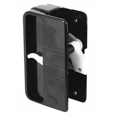 This sliding handle and latch kit is designed for use on sliding screen doors, providing a means to open, close, and secure the door. The kit includes both the handle and latch components. It measures 3 3/4 inches in overall height and 2 1/8 inches in overall length, and is available in a black and white color with an unfinished finish.