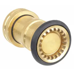 This adjustable gallonage fog nozzle features a brass body with NST threads and a swivel base. Activated by a twist, it delivers either a fog or straight stream pattern for firefighting and industrial fire suppression applications.