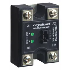 Panel-mount solid state relay with SCR output, rated for 50 A continuous at 48-600 VAC. Features screw clamp terminals and 10 mA input current. Operation without a heat sink is not recommended. Suitable for switching AC loads in industrial control panels and automation systems.