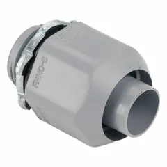 Straight, non-insulated plastic liquid-tight conduit fitting for use with nonmetallic conduit. Provides moisture and dust resistance in industrial environments such as machining, material handling, and HVAC systems. Trade size 1/2 in. Gray.