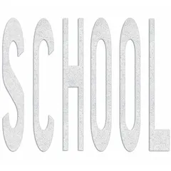 White thermoplastic pavement marking with 'School' legend, measuring 8 ft long by 9 3/8 ft wide. Applied using a hand torch adhesion method. Used to designate school zones on roadways.