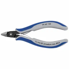ESD-safe flush-cut pliers with pointed jaws for precision cutting of fine wires and component leads. Overall length 5 in, jaw length 1/2 in. Suitable for electronics assembly and other electrostatic-sensitive environments.