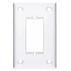 General purpose wall plate for decorator-rocker switches. Constructed of polycarbonate/nylon in a white finish. 1-gang, jumbo size. Suitable for covering switch mechanisms in residential and commercial electrical installations.