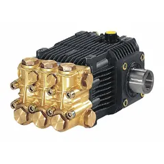 This belt-driven pressure washer pump features a triplex piston design with oil bath lubrication. It has a direct-mount hollow shaft and NEMA 182-184 flange for electric motor connection. The pump includes an FNPT intake and NPT discharge connection, operating at 1750 RPM. Suitable for industrial cleaning and surface preparation applications.