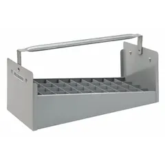 Steel caddy with 40 compartments designed to organize and store 1-1/4 in pipe nipples. Measures 6-5/8 in height, 18 in width, and 7-7/8 in length. Used in maintenance, plumbing, and fabrication settings to keep threaded nipples sorted for efficient access.