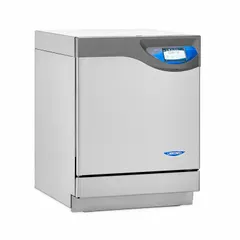 Undercounter glassware washer designed for cleaning wide mouthed glassware in laboratory settings. Features a user control touch screen display and programmable drying system up to 240 minutes. Includes upper and lower standard racks. Operates on single-phase 115V AC. Overall dimensions: 24 1/8 in wide by 27 3/4 in deep. No viewing window.