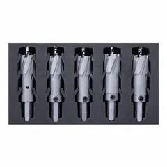 This 5-piece hole cutter set features carbide-tipped cutters for cutting clean holes in metal materials such as steel and aluminum. Maximum cutting depth is 2-1/4 inches. Suitable for use in metal fabrication, construction, and maintenance applications requiring precise, burr-free holes.