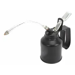 This lever-operated oil dispenser has a 6 fl oz capacity and a 5-inch flexible spout for precise oil delivery. It is used for manual lubrication tasks in industrial and automotive settings, allowing access to tight spaces.