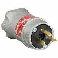 Hazardous-location straight blade plug with 6-20P configuration, rated 250V AC and 20 A, featuring 3 poles and 3 blades. Suitable for use in environments requiring explosion-proof electrical connections, such as industrial facilities with flammable gases or dust